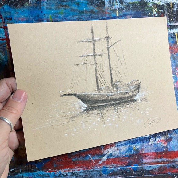 Original Sailboat Nautical Art Charcoal pastel painting Sketch Seascape artwork - Picture 4 of 6